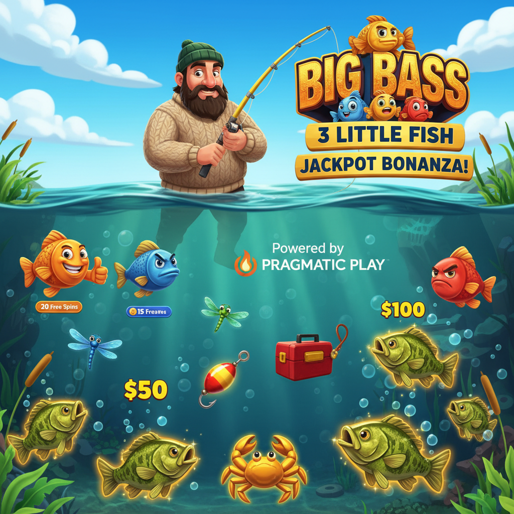 Big Bass 3 Little Fish Jackpot Bonanza - Pescador con caña en escena submarina con tres peces de colores naranja azul y rojo, símbolos de carretes y logo del juego de Pragmatic Play