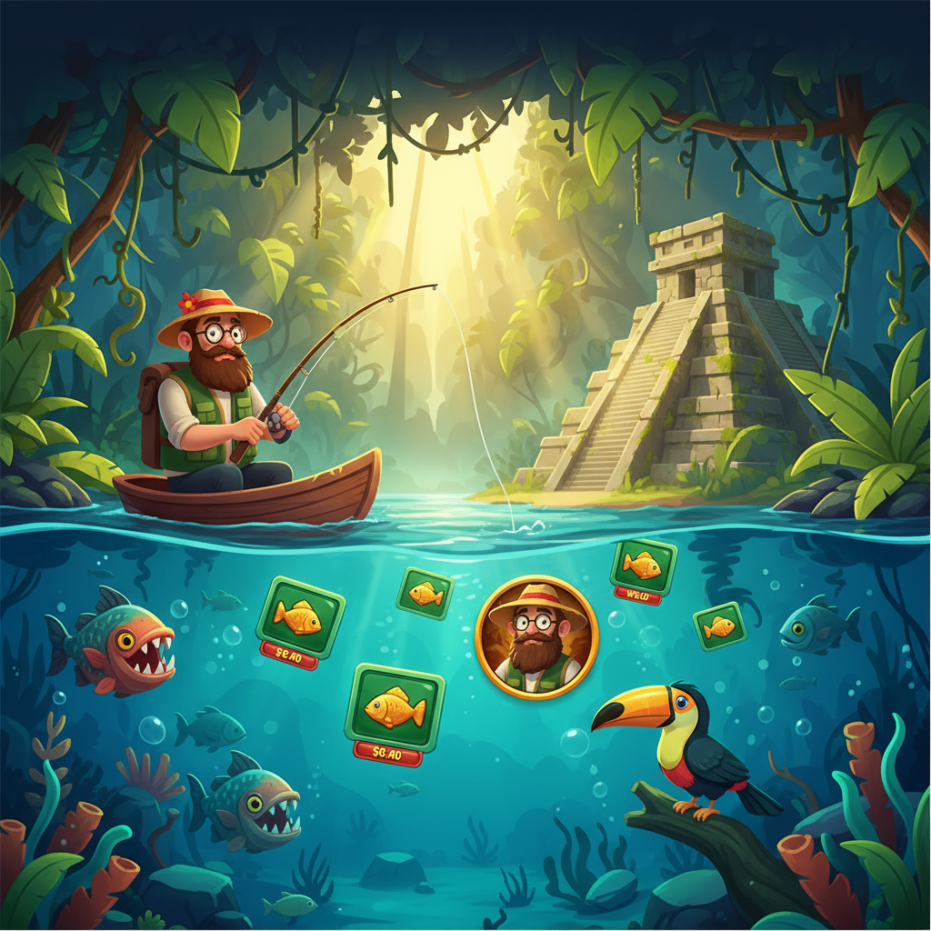 Big Bass Amazon Xtreme - pescador aventurero en bote de madera en río del Amazonas con selva tropical, pirañas, tucanes y símbolos de dinero con peces dorados