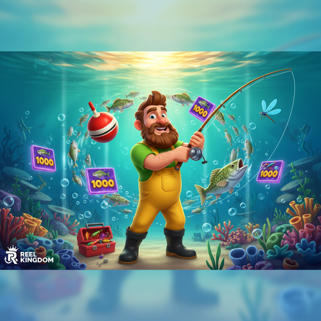 Big Bass Bonanza 1000 slot muestra pescador alegre con caña de pescar sobre fondo submarino turquesa con peces de dinero y símbolos de bobber rojo blanco