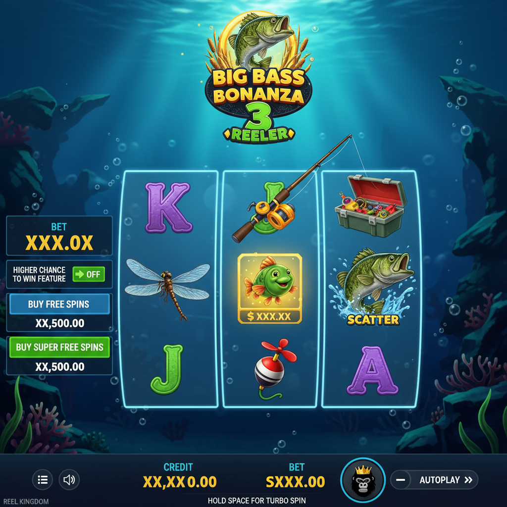 Big Bass Bonanza 3 Reeler slot de pesca submarina con carrete de 3x3, símbolos de caña de pescar, mosca libélula, caja de aparejos y pez de dinero con valores de hasta 5000x