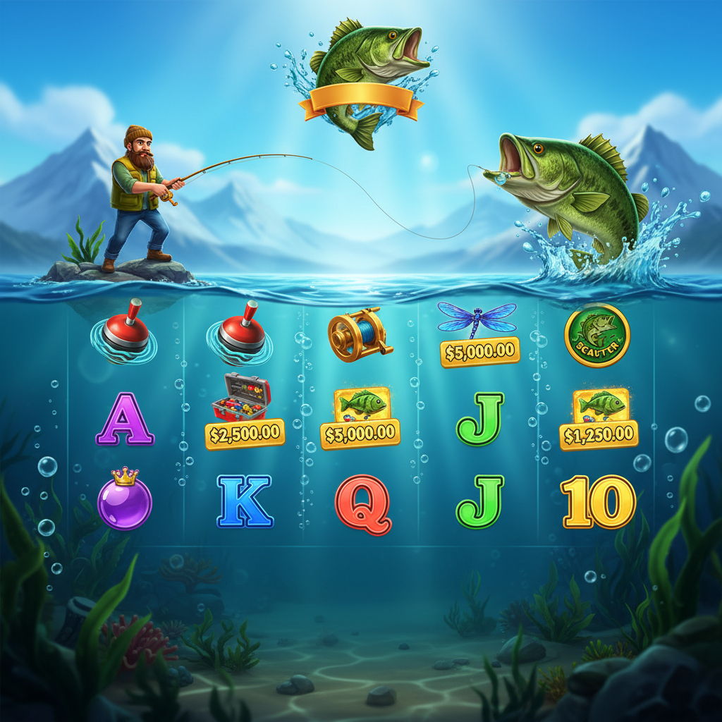 Big Bass Bonanza slot con pescador, lubina saltando del agua, caña de pescar y símbolos de dinero bajo el agua con burbujas