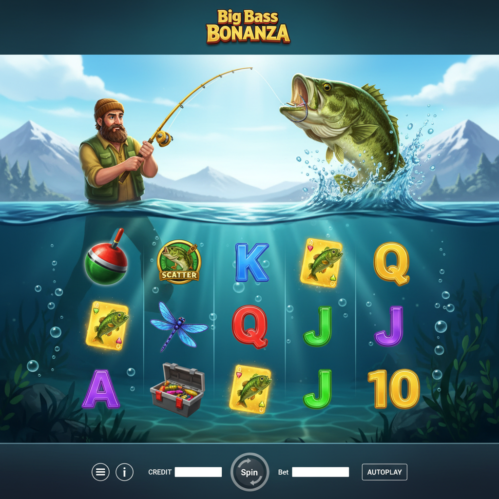 Big Bass Bonanza tragamonedas con tema de pesca submarina, pescador con caña dorada, pez lubina saltando del agua, símbolos de bobber y carretes en escenario acuático