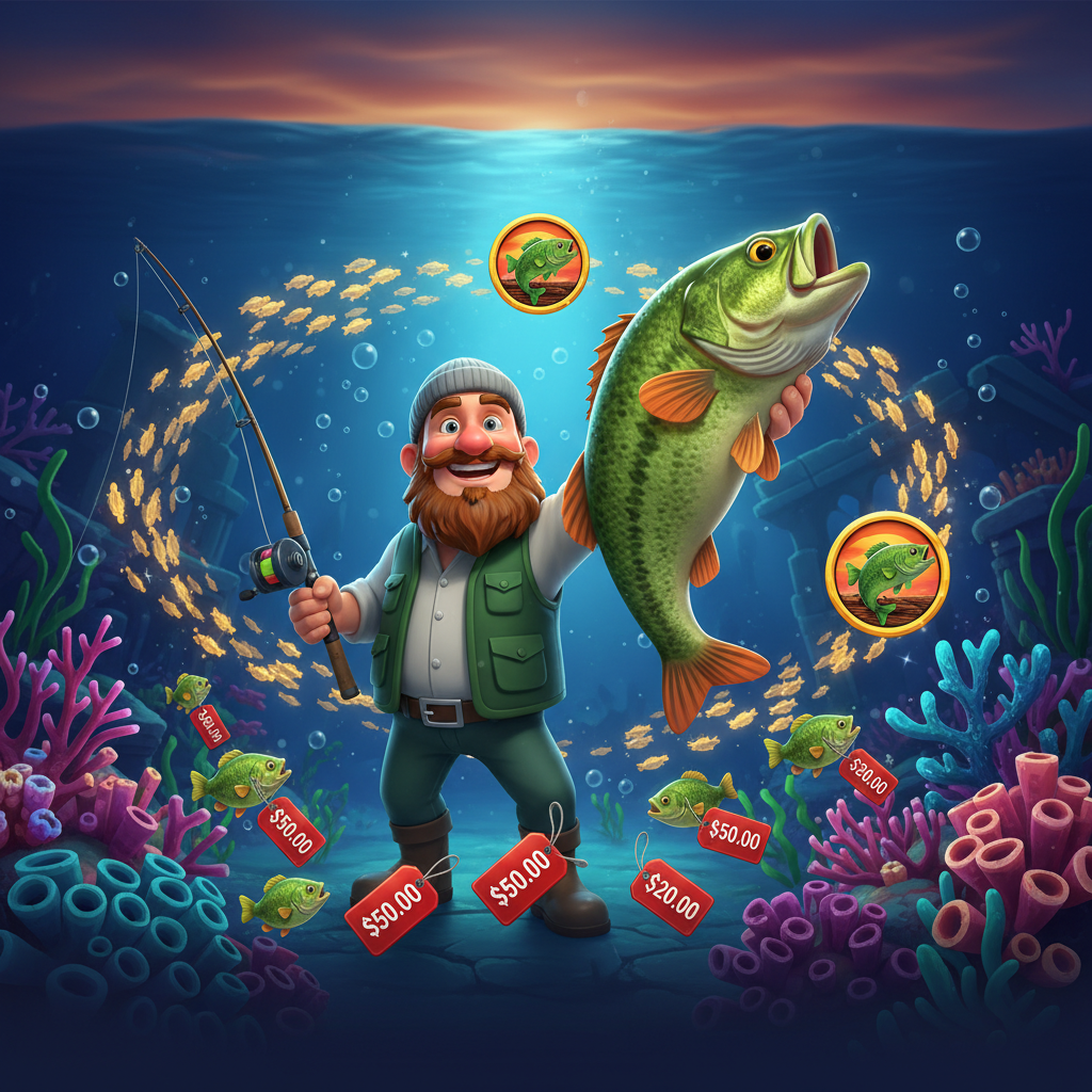 Big Bass Bonanza Keeping it Reel tragaperras con pescador barbudo sosteniendo caña de pescar, peces de dinero dorados y símbolo scatter sobre fondo azul submarino con corales