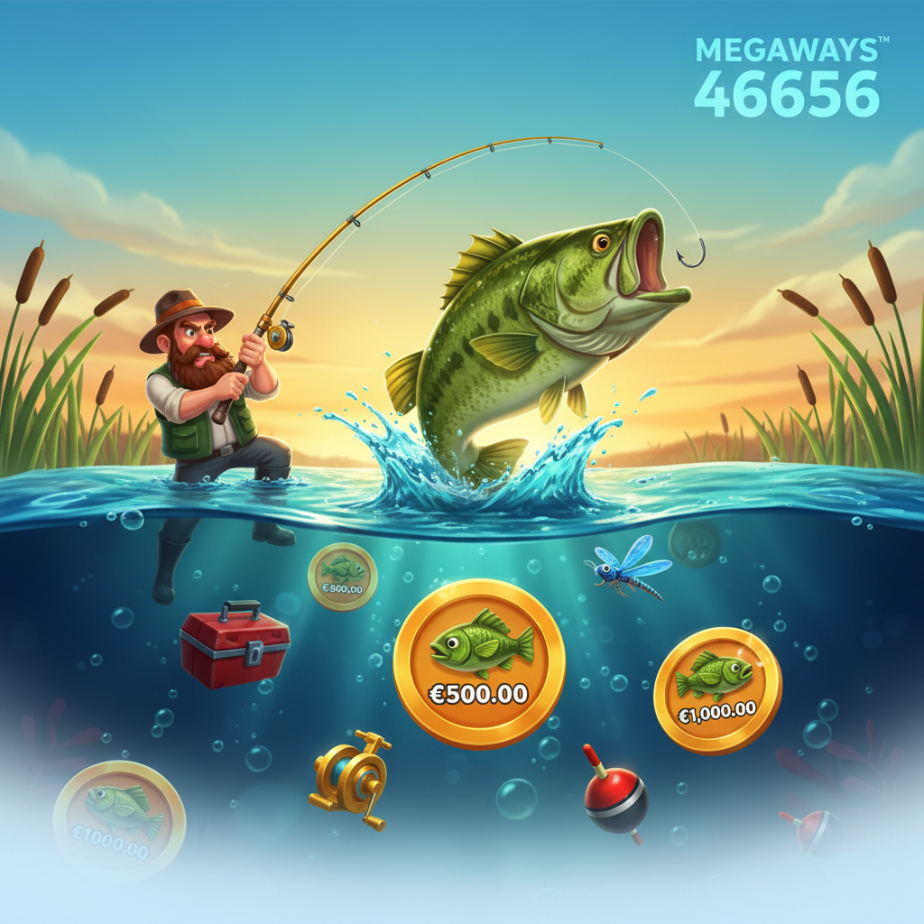 Big Bass Bonanza Megaways tragaperras con pescador, lubina verde saltando del agua y símbolos de pesca sobre fondo submarino azul