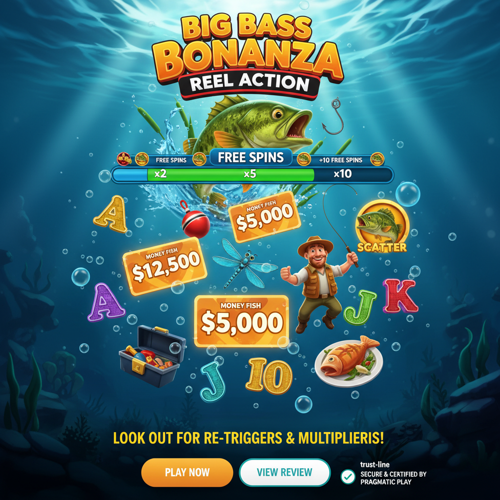 Big Bass Bonanza Reel Action slot de pesca submarina con bass largemouth, símbolos de dinero, fisherman Wild y función de giros gratis con multiplicadores progresivos