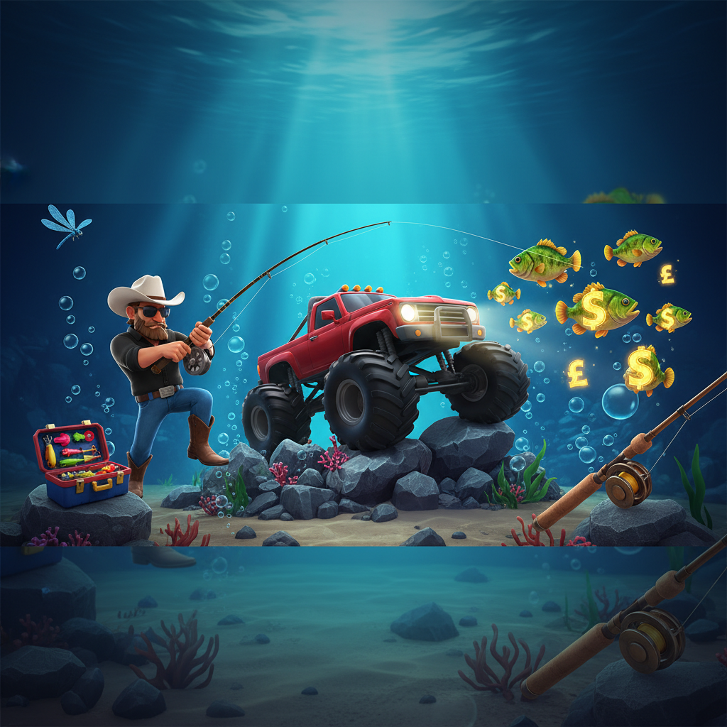 Big Bass Boom tragaperras con pescador vaquero, monster truck rojo, peces de dinero y símbolos de caña de pescar en escenario submarino azul
