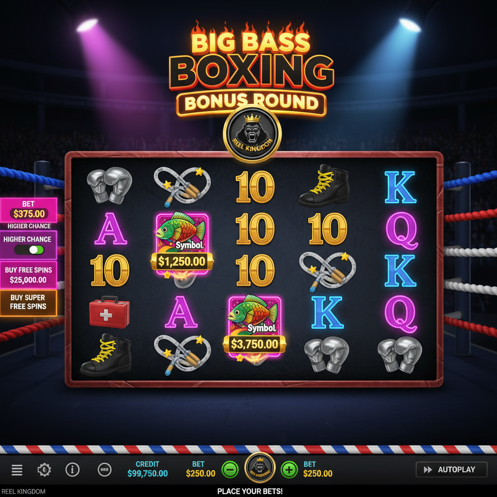 Big Bass Boxing Bonus Round slot con dos boxeadores en el ring, símbolos de pesca con valores en dólares, guantes plateados y letras neón de colores sobre fondo de arena con focos