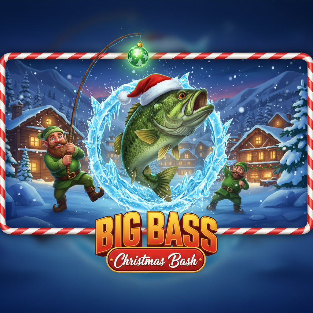 Big Bass Christmas Bash slot con pescador navideño, pez con gorro de Santa, escena de pesca en hielo y símbolos de tesoros