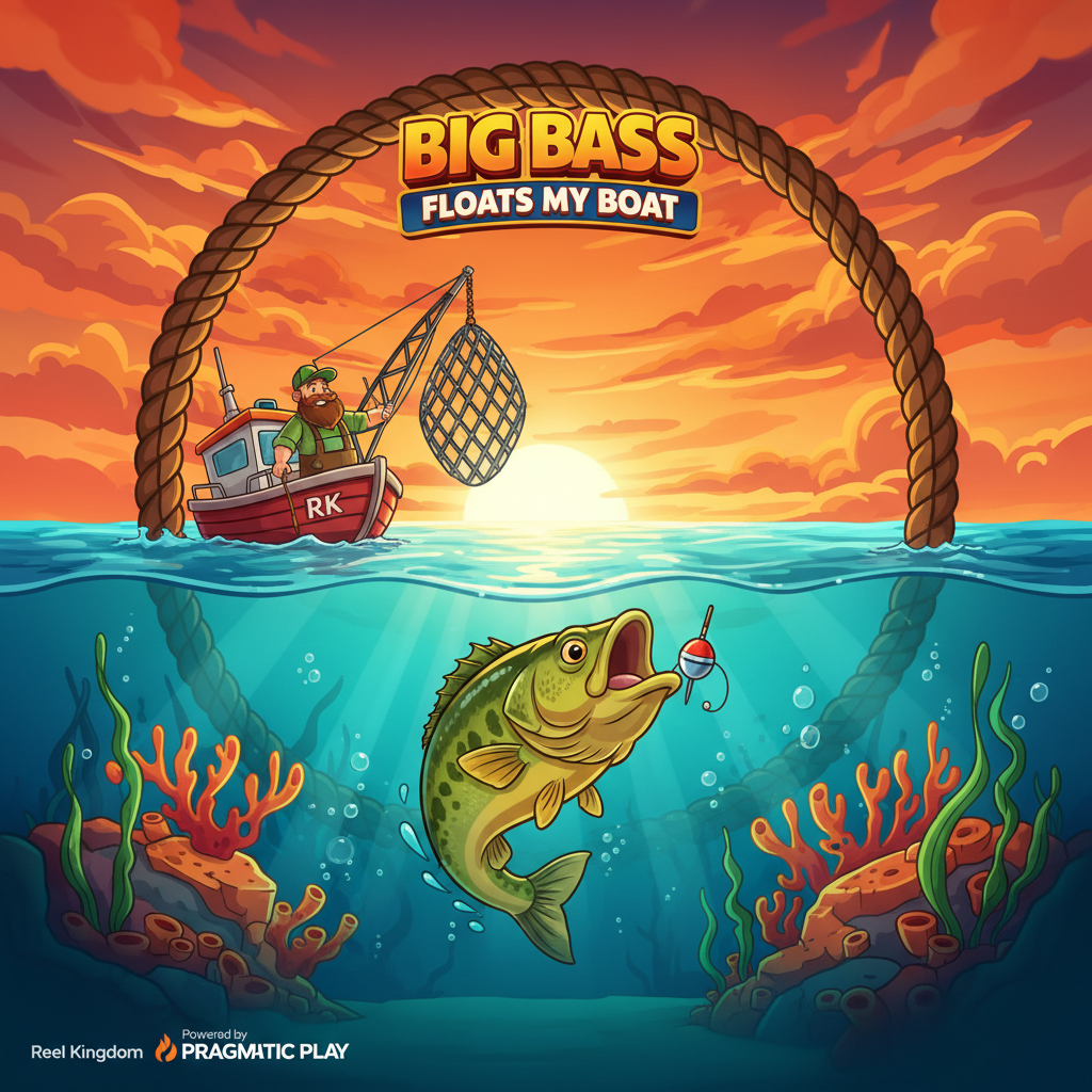 Big Bass Floats My Boat slot de pesca con barco rojo, pescador barbudo, pez bass saltando y escena submarina con atardecer