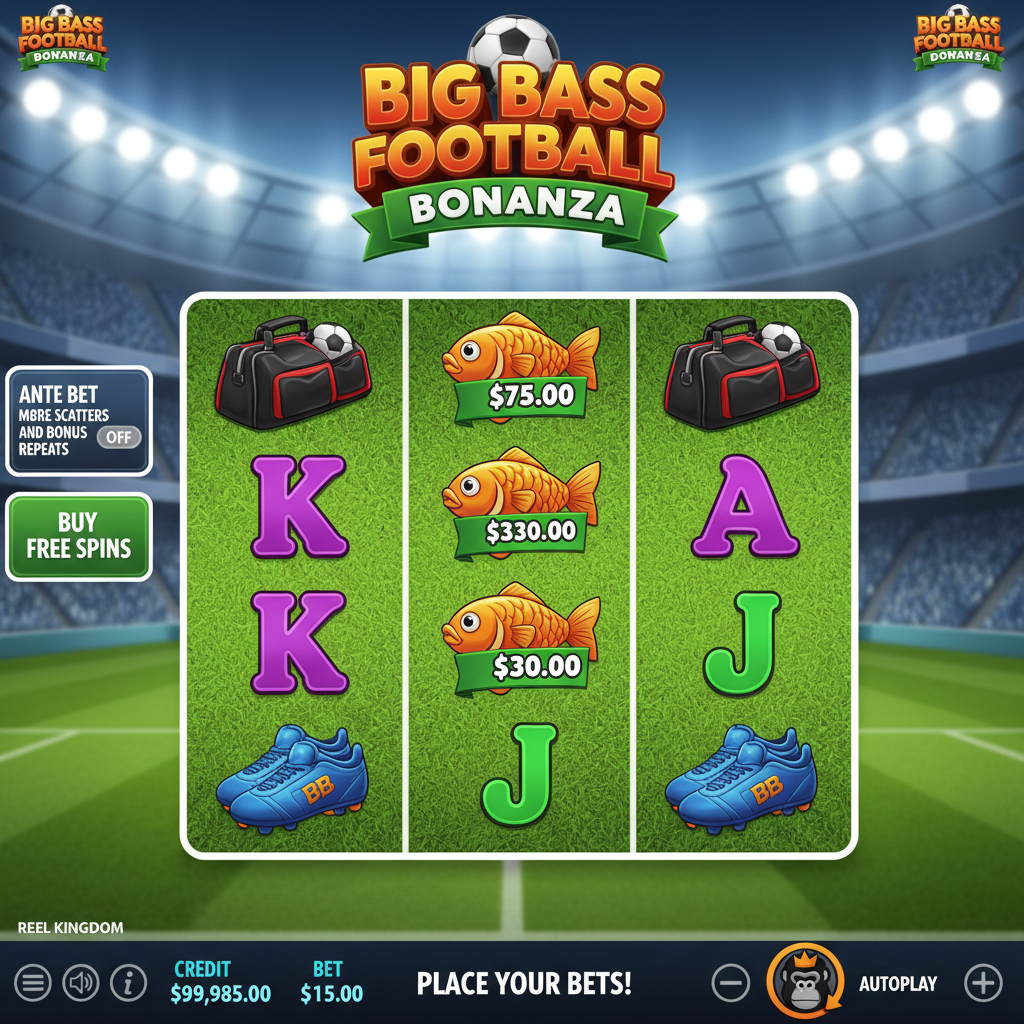 Big Bass Football Bonanza slot con estadio de fútbol, símbolos de balón, botas, silbato, peces dorados y letras 3D en carretes verdes de césped
