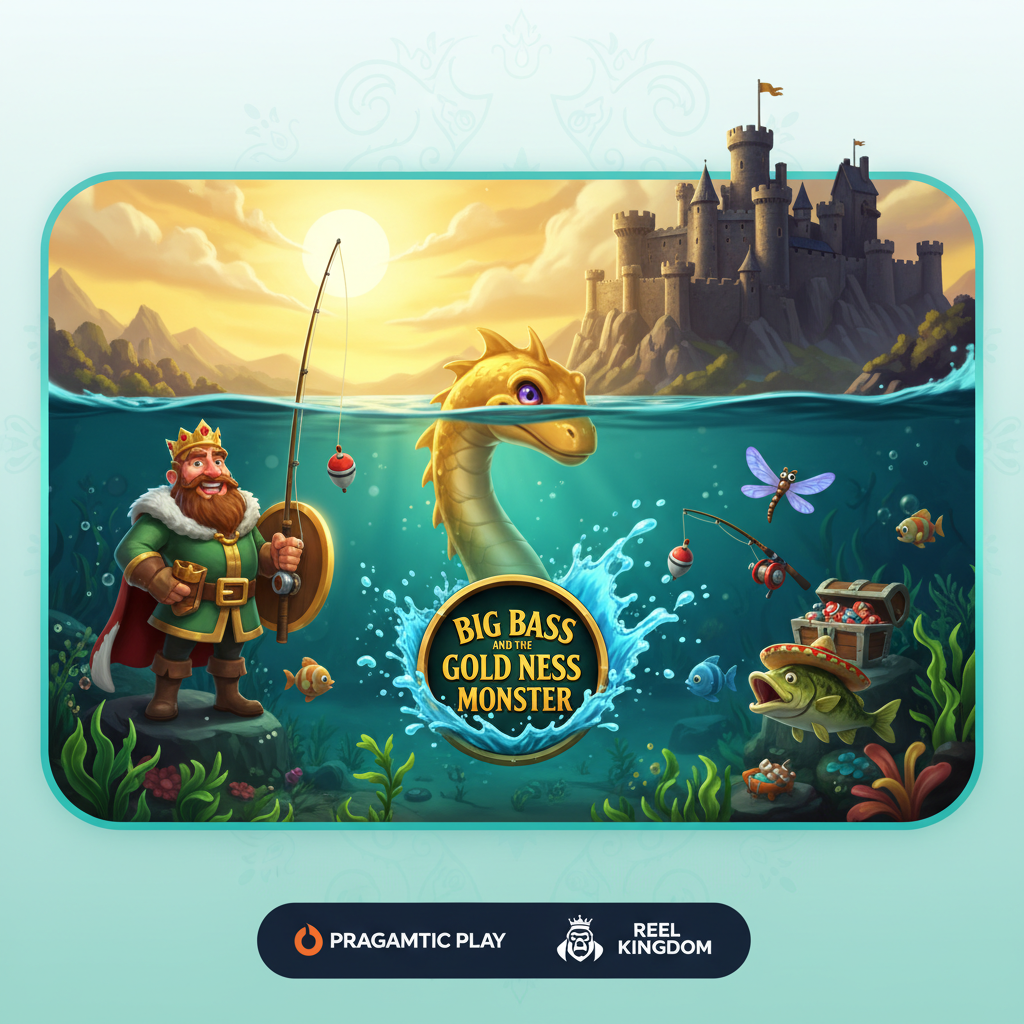 Big Bass and the Gold Ness Monster tragamonedas con pescador rey, monstruo dorado del lago Ness, castillo medieval y símbolos de pesca submarina