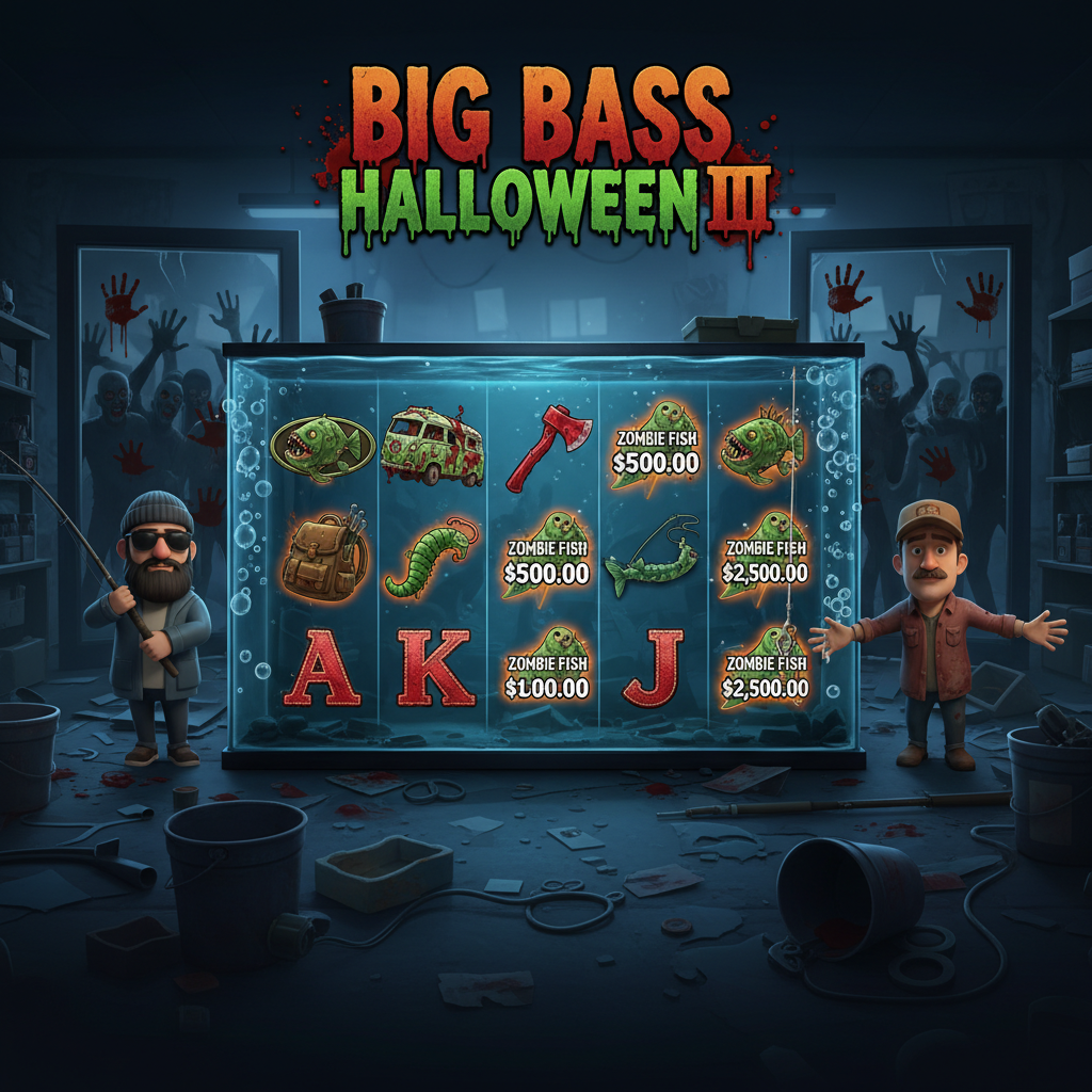 Big Bass Halloween 3 slot de pesca zombi con pescadores en tienda asediada, peces muertos vivientes y símbolos de dinero en acuario sangriento