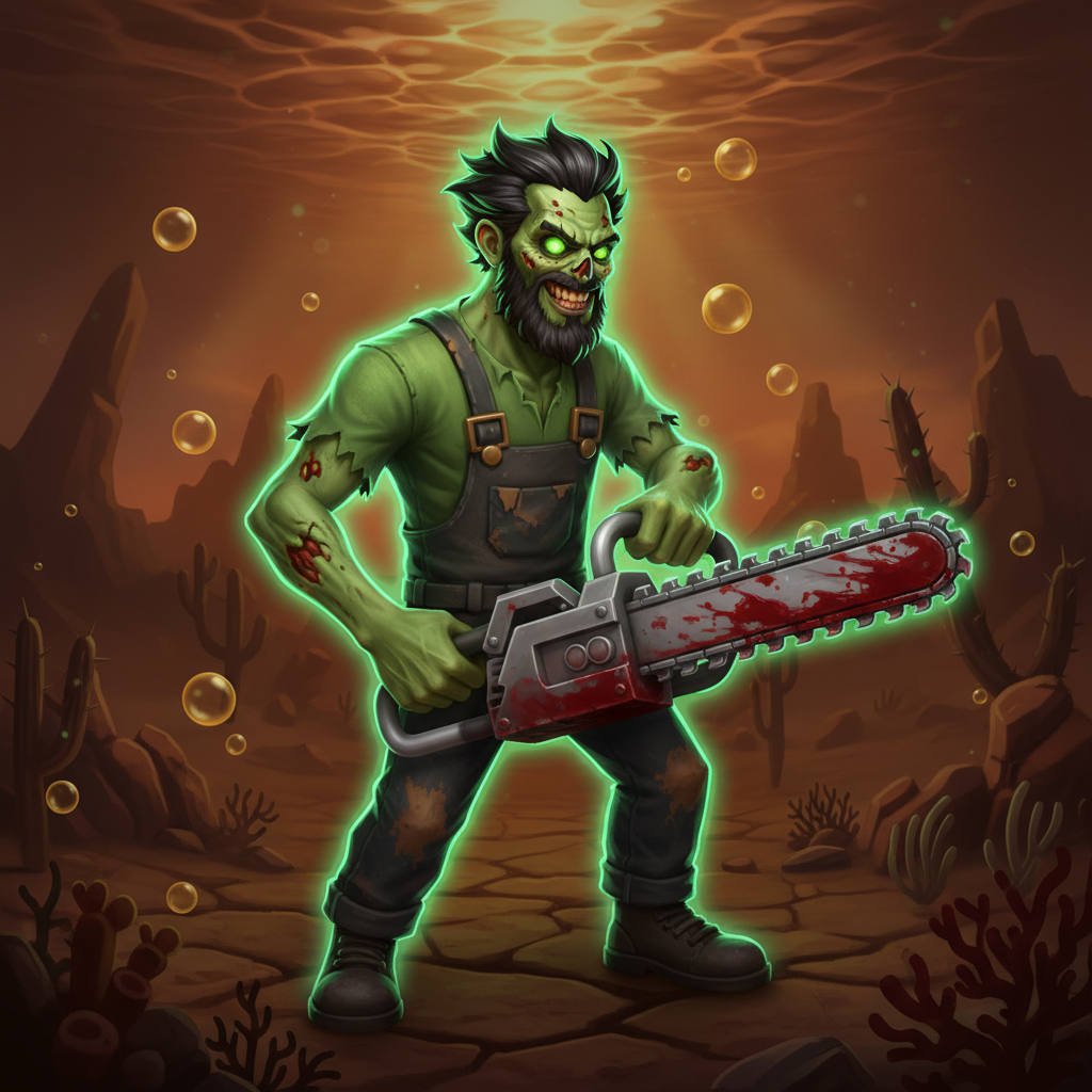 Big Bass Halloween II slot con pescador zombi verde sosteniendo motosierra ensangrentada, tema de terror submarino con elementos de Halloween, burbujas brillantes verdes y ambiente oscuro ámbar