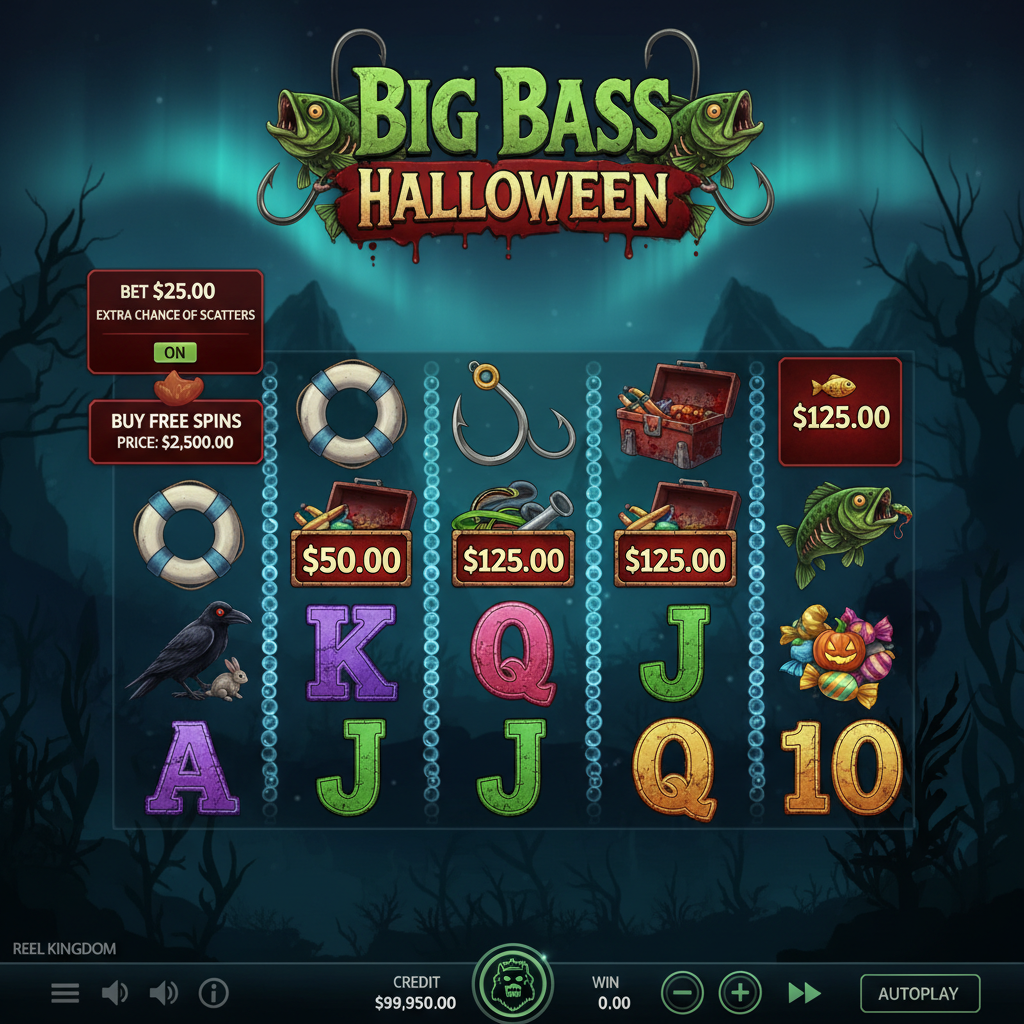 Big Bass Halloween slot con pescador zombie, peces zombies verdes, ambientación submarina oscura con símbolos de anzuelo, salvavidas y cuervo negro sobre fondos de pantano terrorífico