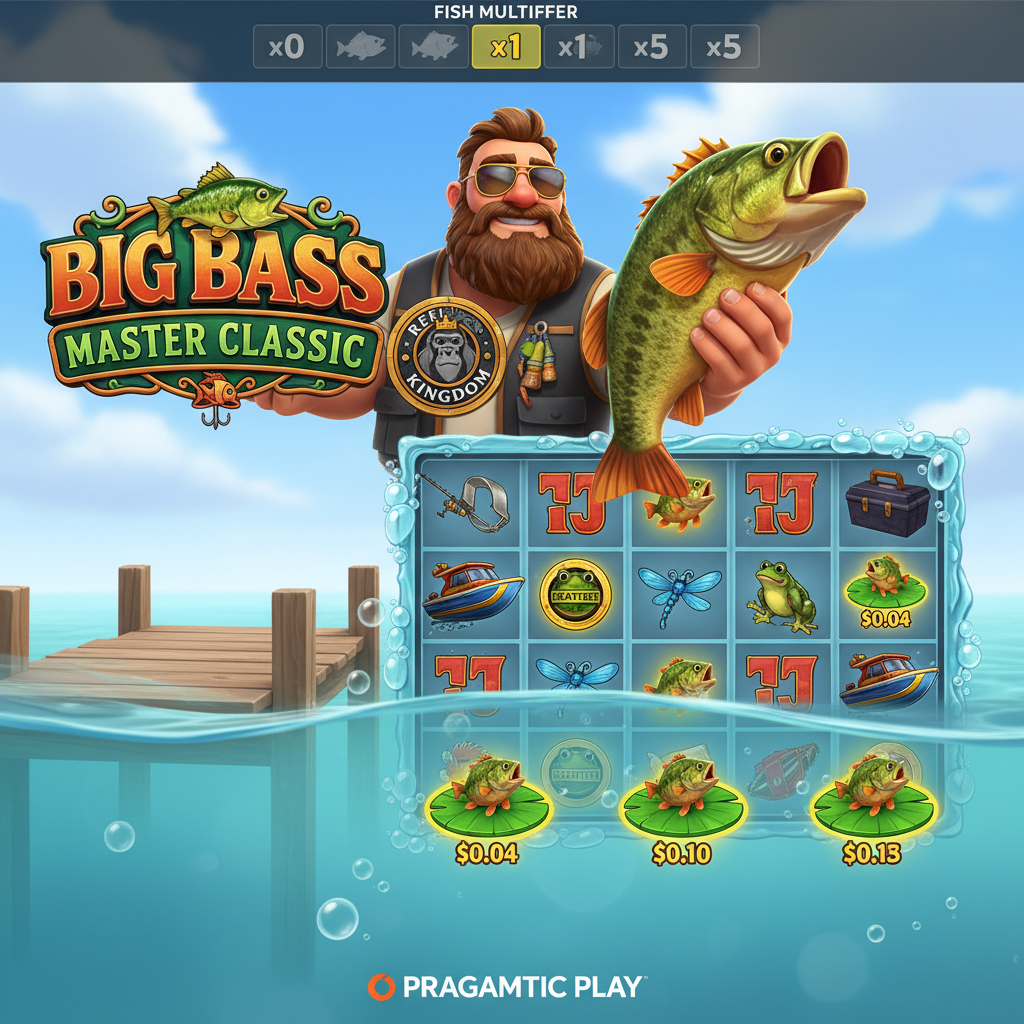 Big Bass Master Classic tragaperras con pescador barbudo, peces bass naranjas, escena de lago con muelle, símbolos de dinero en nenúfares y carretes subacuáticos