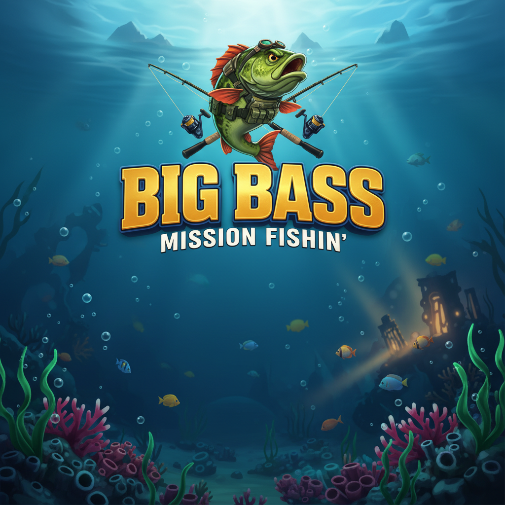 Big Bass Mission Fishin' tragamonedas con pescador táctico submarino, pez bass verde con equipo militar, cañas de pescar cruzadas y tema de misión de buceo profundo