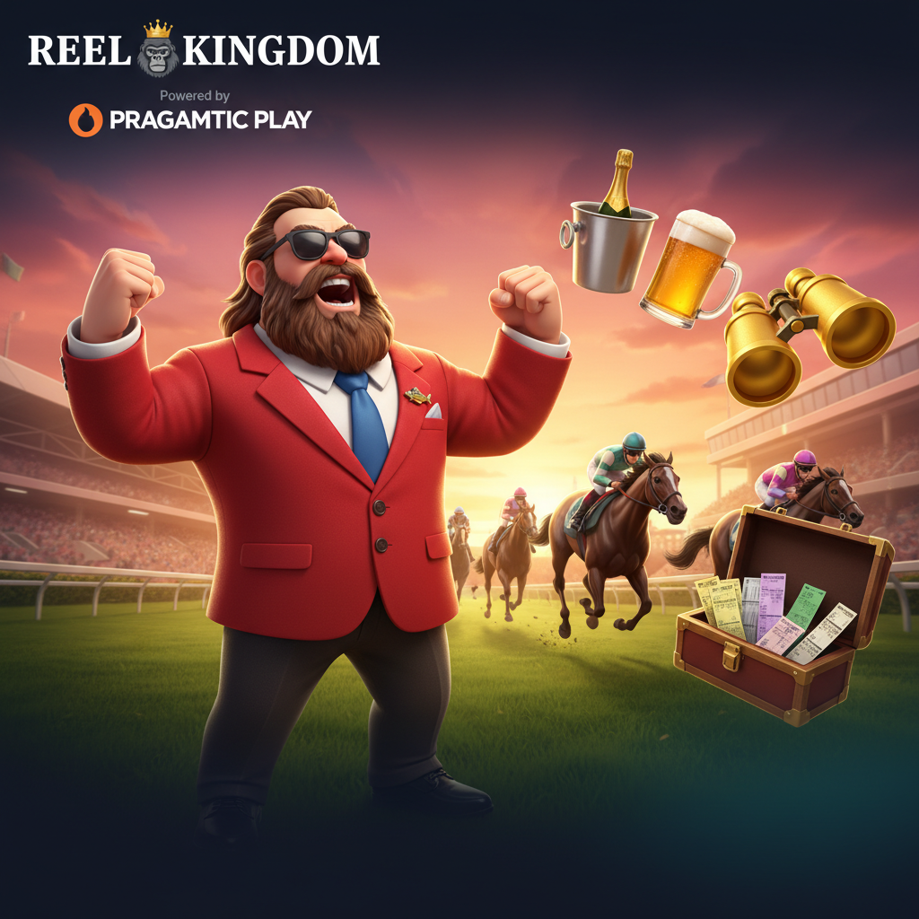 Big Bass Raceday Repeat slot con personaje barbudo en traje rojo, hipódromo al atardecer, jinetes en caballos de carreras, símbolos de champán y prismáticos dorados
