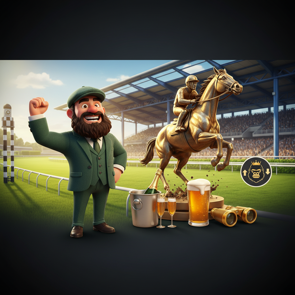 Big Bass Day at the Races slot con carrera de caballos, trofeo dorado de jinete, personaje pescador en hipódromo con símbolos de champán, cerveza y prismáticos