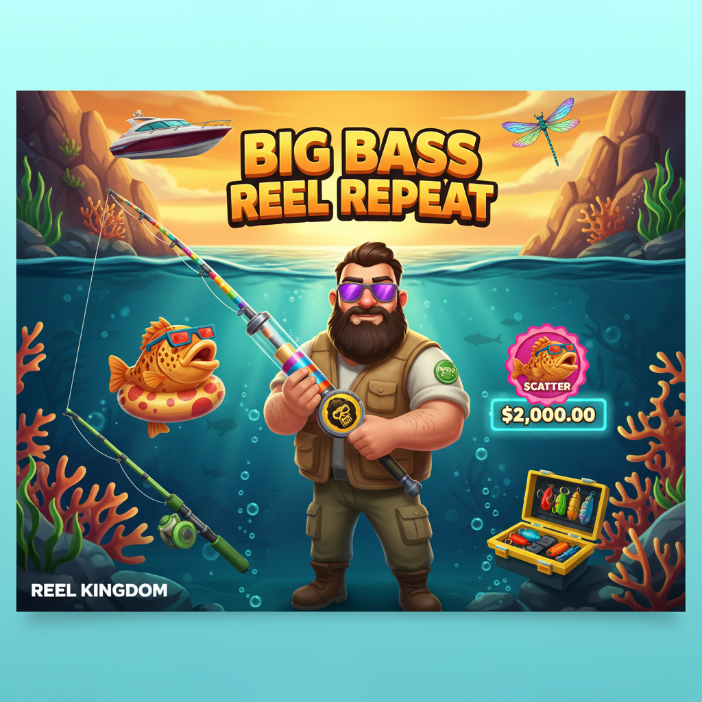 Big Bass Reel Repeat slot con pescador, pez bass con gafas 3D, símbolos de dinero y escenario submarino con corales y atardecer turquesa