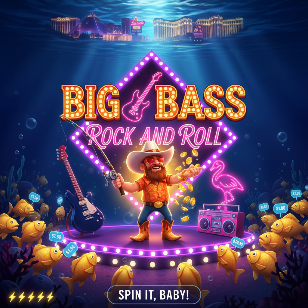 Big Bass Rock and Roll slot con pescador rockero, guitarras rosas, flamencos neón, Cadillac rosa y peces dorados en concierto submarino de Las Vegas