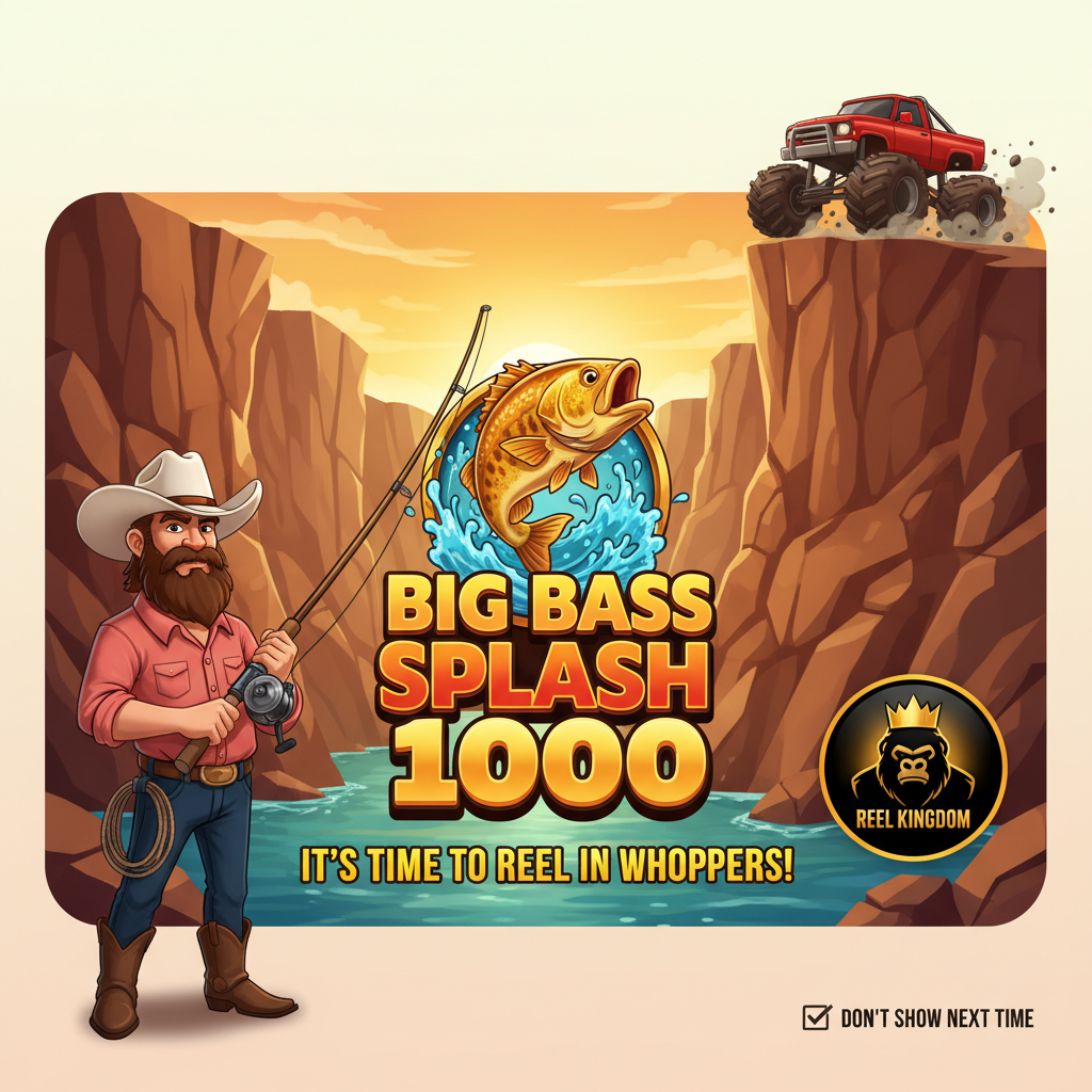 Big Bass Splash 1000 slot con pescador vaquero, camión monstruo rojo, cañón al atardecer y pez dorado saltando del agua con logo del juego