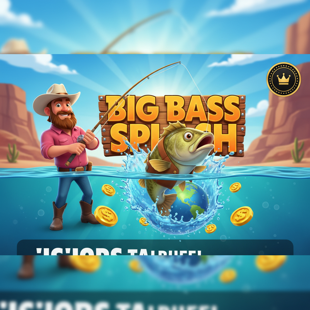 Big Bass Splash slot con pescador de sombrero vaquero, pez bass mascota, escena submarina de pesca y símbolos de dinero dorados
