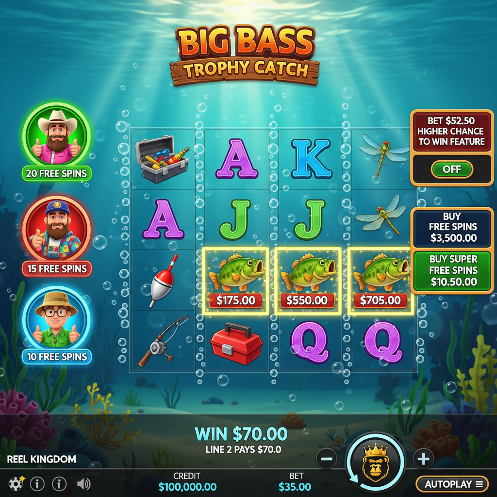 Big Bass Trophy Catch tragamonedas con escena submarina turquesa, símbolos de pesca y pescadores coleccionables con premios en efectivo