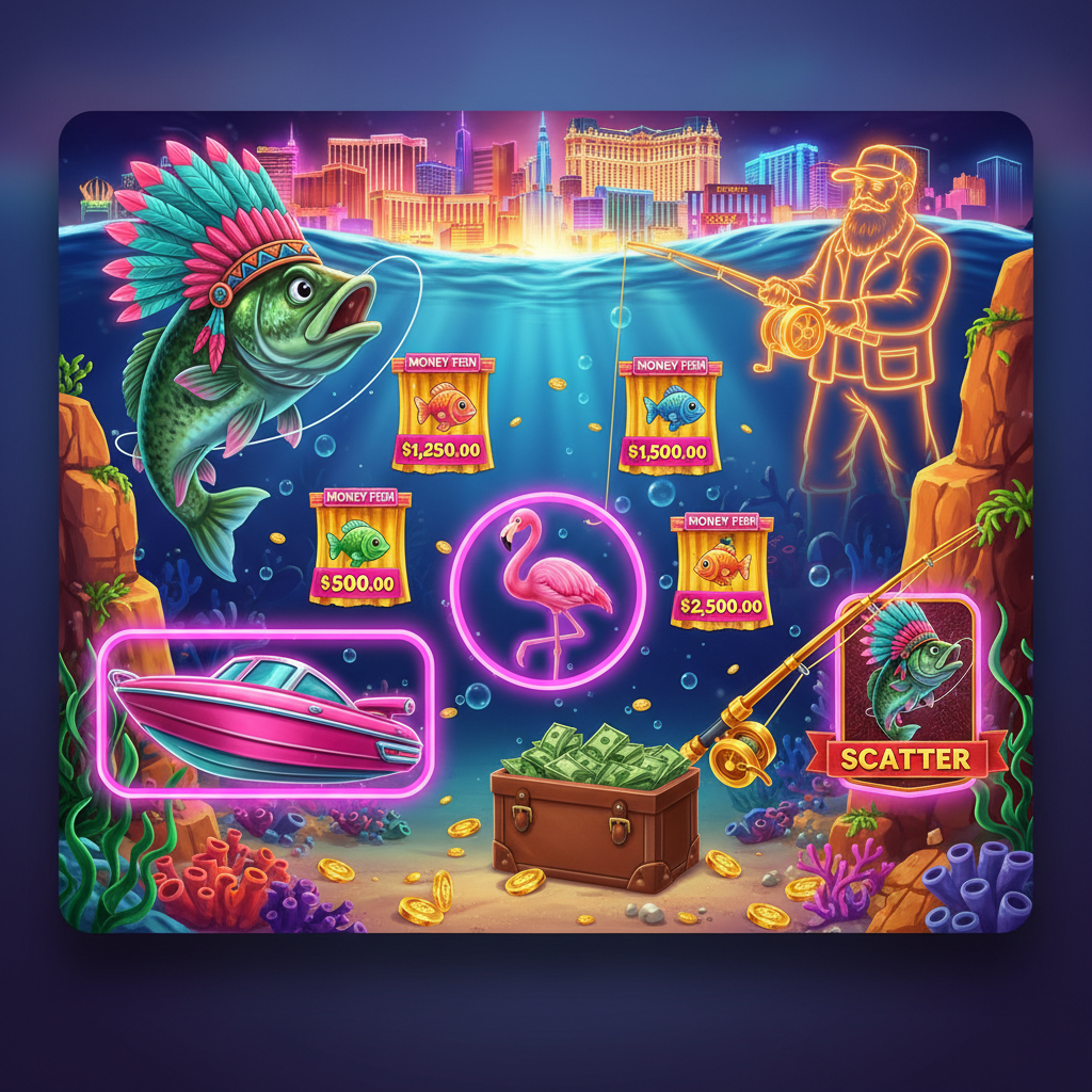 Big Bass Vegas Double Down Deluxe slot con pez bass con tocado de plumas, pescador con vara dorada, fondo de neones submarinos de Las Vegas, símbolo scatter y peces Money Fish con valores en dólares