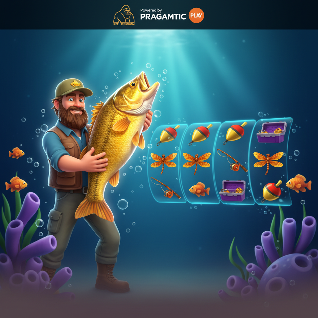 Big Bass It's a Whopper Jackpot Bonanza slot con pescador sosteniendo un bass dorado bajo el agua, símbolos de caña de pescar, bobber y libélula en reels 5x3