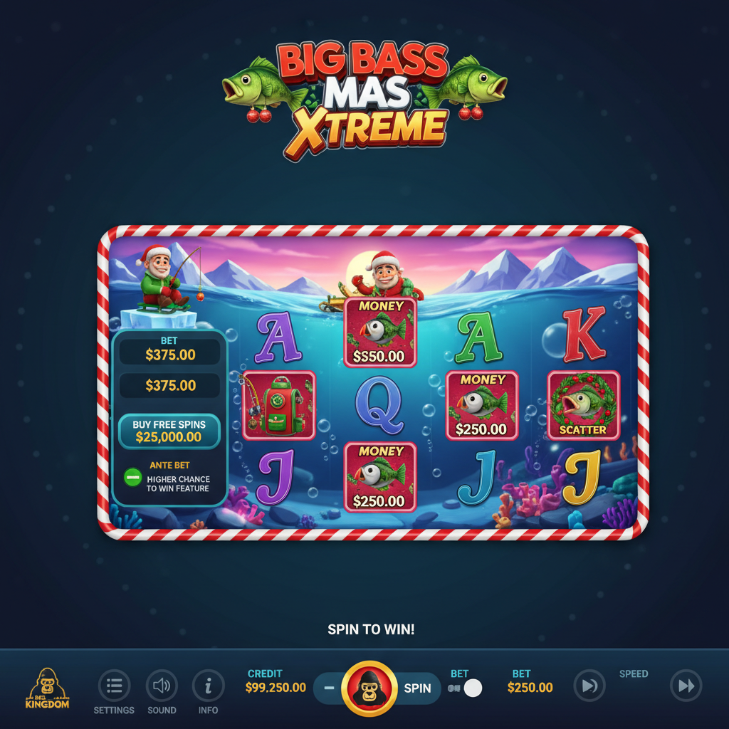 Big Bass Xmas Xtreme slot con pescador navideño, peces con valores de dinero, símbolos scatter de bajo con corona de acebo y escenario de pesca invernal ártico