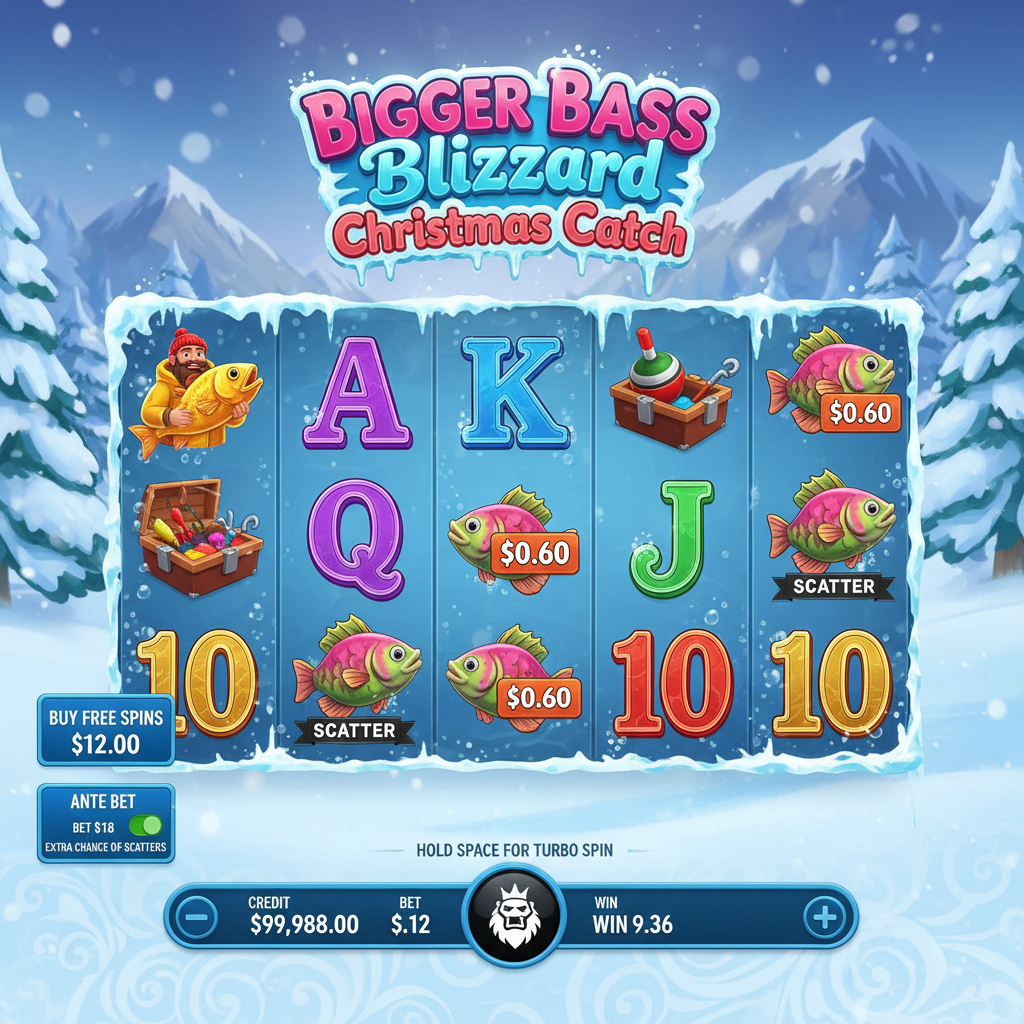 Bigger Bass Blizzard Christmas Catch slot con pescador de hielo, símbolos de pesca invernal, scatters de pez navideño y tema de blizzard con 5 rodillos y giros gratis