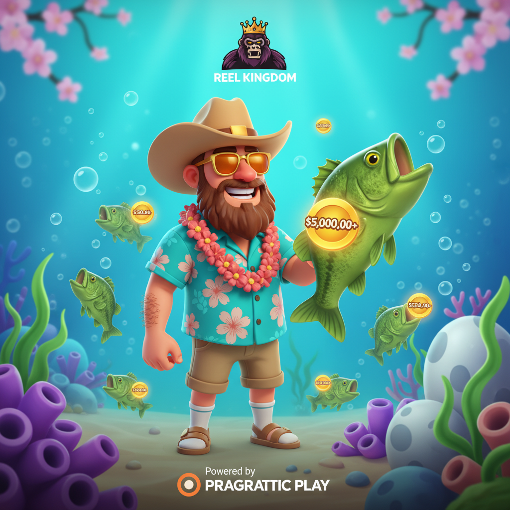 Bigger Bass Splash slot con pescador hawaiano, bass verde, símbolos money con valores hasta 5000x, fondo submarino turquesa tropical