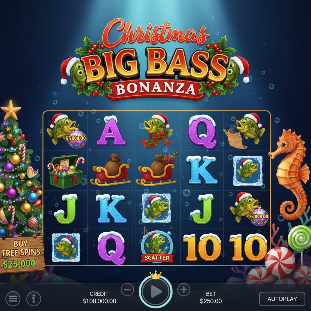 Christmas Big Bass Bonanza tragamonedas submarina con peces navideños, símbolos de trineo de Santa, letras heladas y símbolos scatter de lubina con gorro de Papá Noel